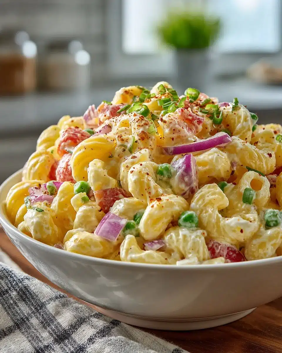 Classic Homemade Macaroni Salad served in a bowl with fresh vegetables