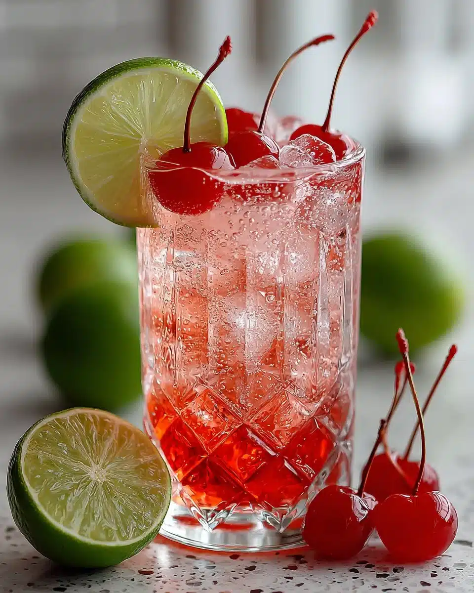 Classic homemade Shirley Temple mocktail in a sparkling glass with cherries and orange slices.
