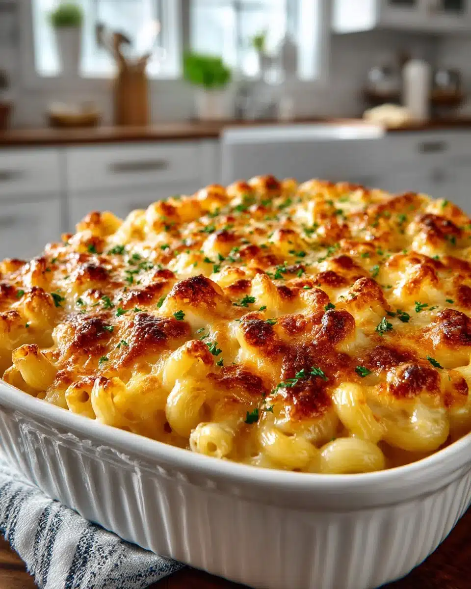 Delicious classic macaroni and cheese casserole topped with a golden crust.