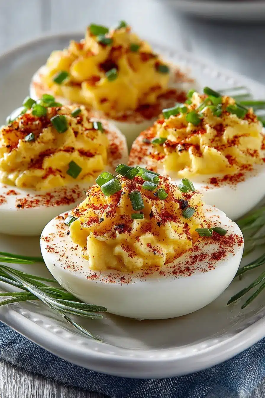 Classic make-ahead deviled eggs served on a picnic table