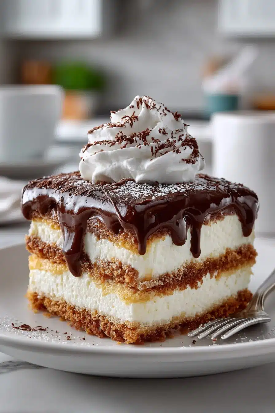 Decadent no bake chocolate eclair cake dessert with layers of chocolate and cream