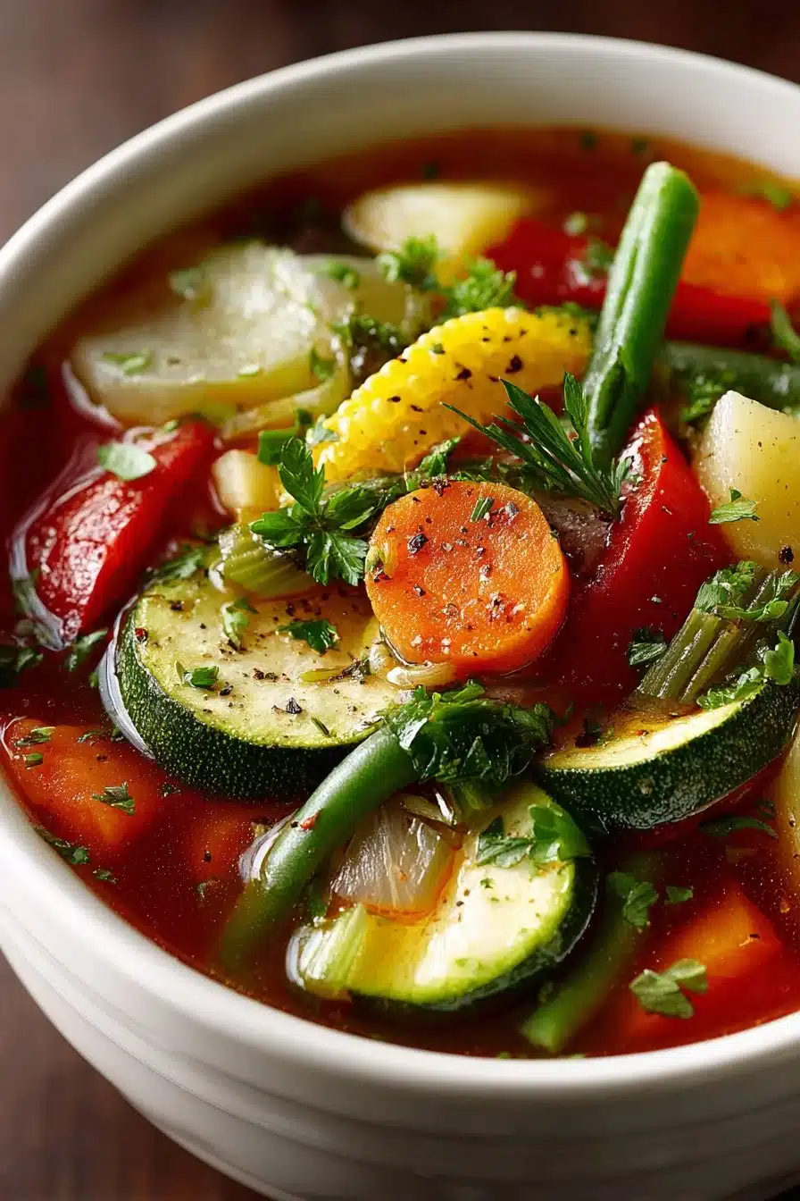 Bowl of classic old fashioned garden vegetable soup with fresh ingredients
