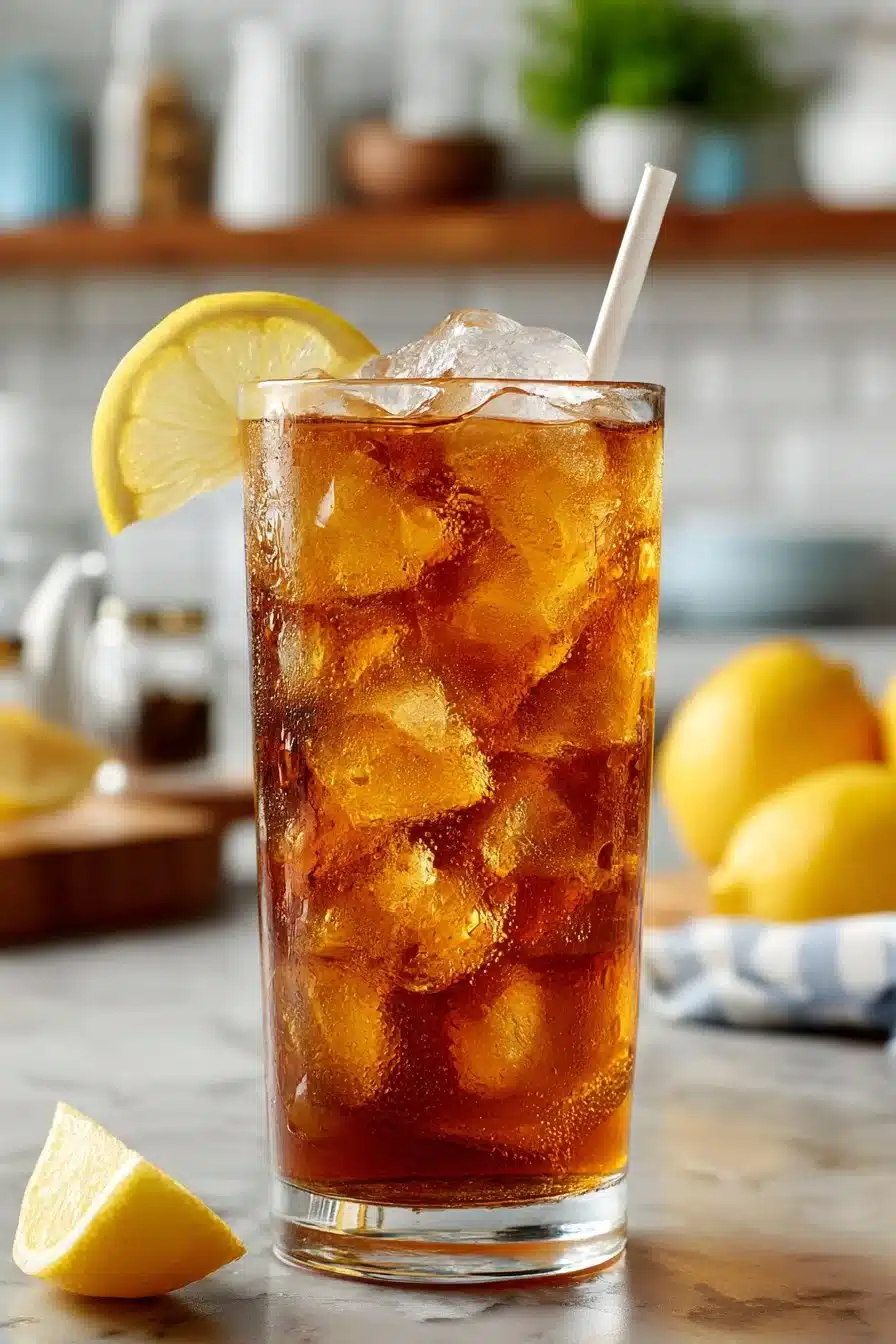Glass of classic Southern sweet iced tea served with lemon and mint