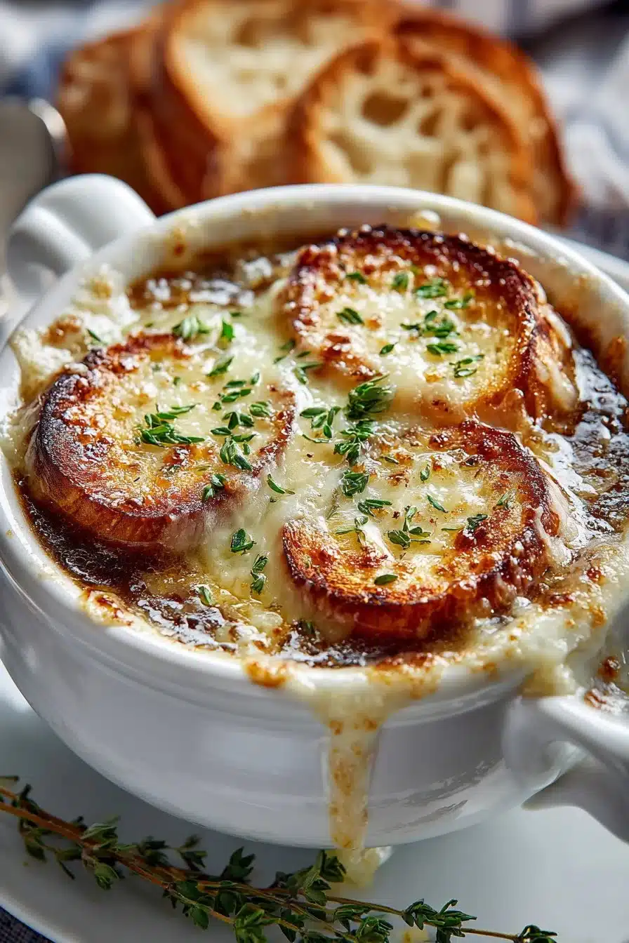 Bowl of classic traditional French onion soup topped with melted cheese