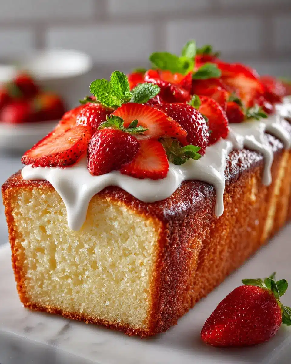 Classic vanilla pound cake garnished with fresh strawberries