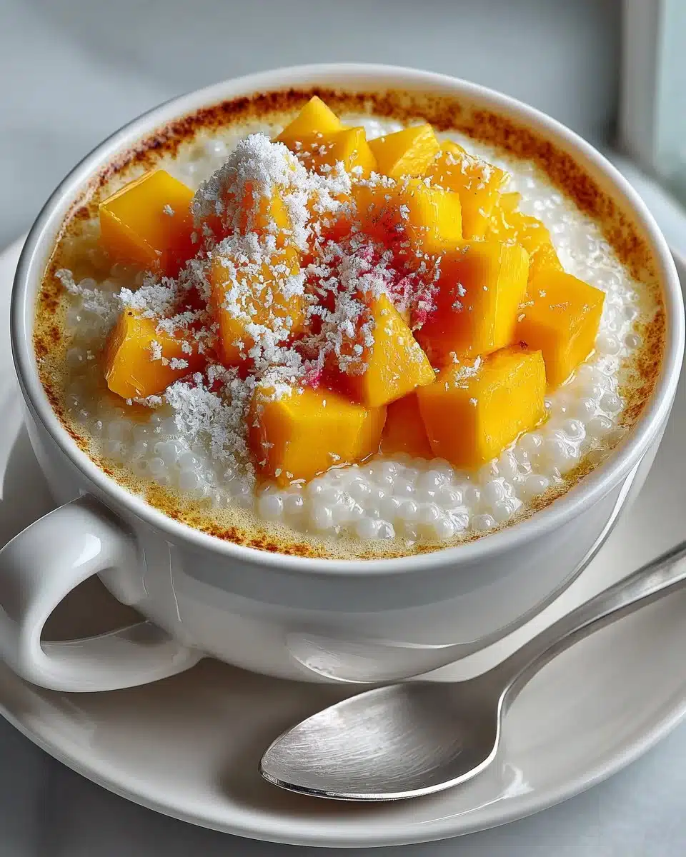 Delicious Coconut Mango Sago dessert pudding served in a bowl