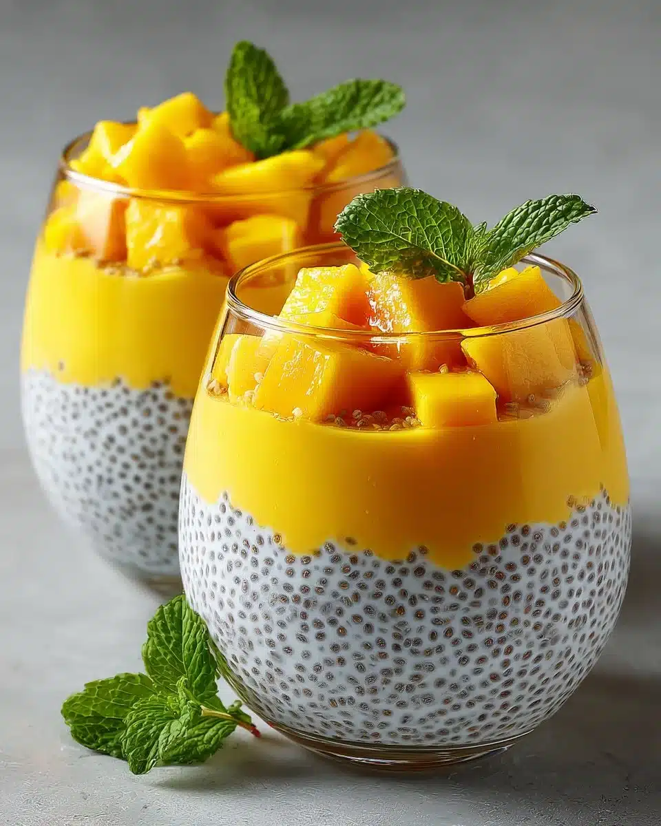 Coconut milk chia pudding topped with fresh mango slices in a bowl