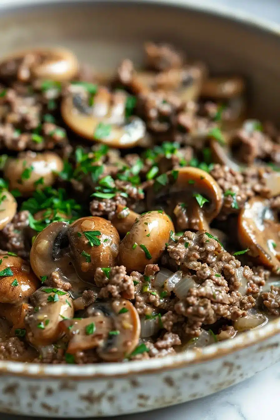 Delicious beef and mushroom skillet served in a rustic pan
