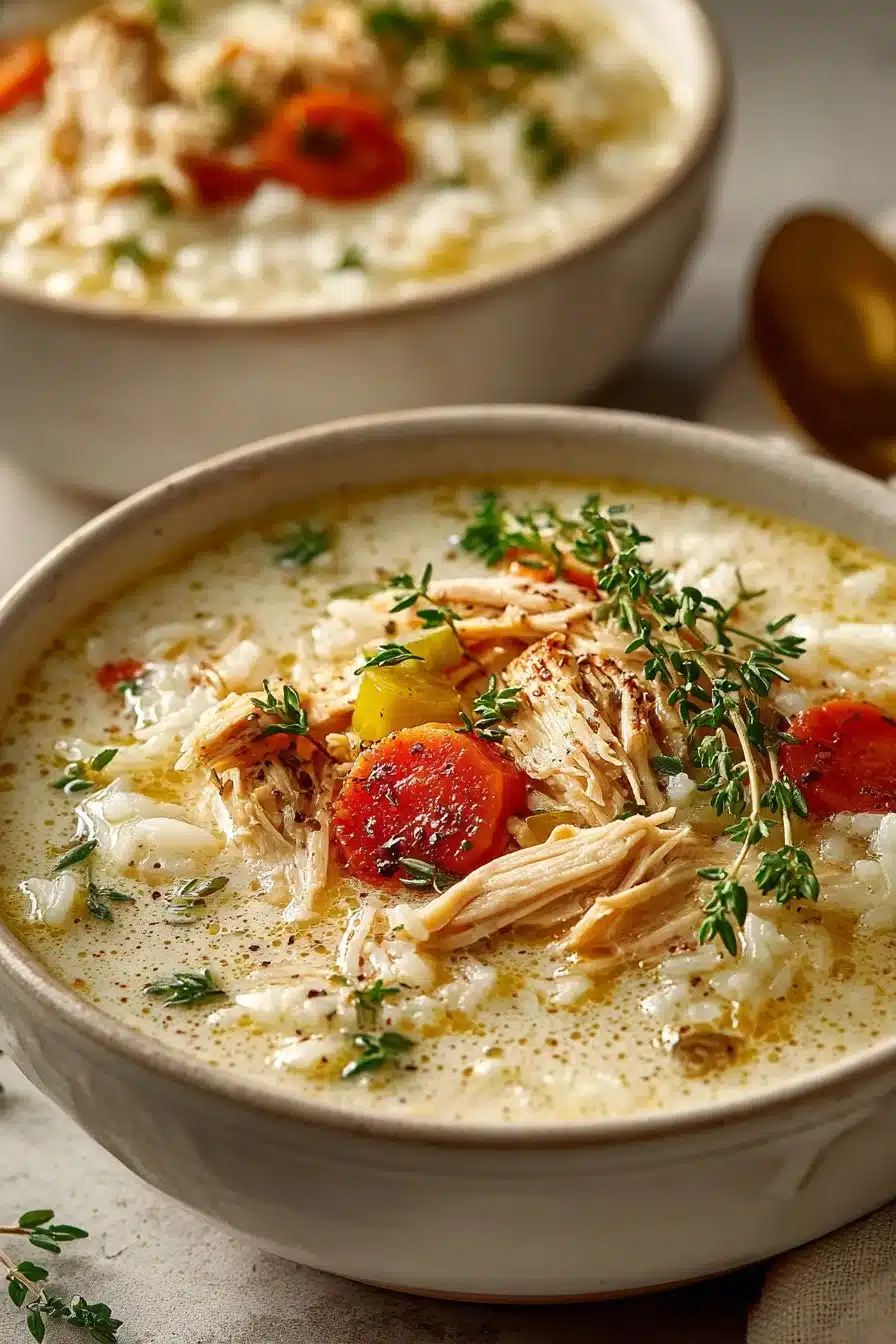 Bowl of creamy chicken and rice soup garnished with herbs
