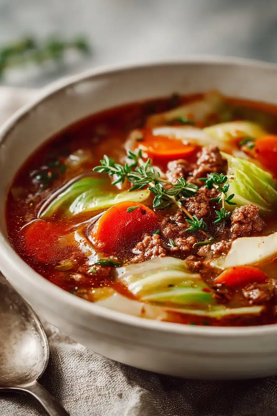 Comforting healthy cabbage soup with ground beef in a bowl