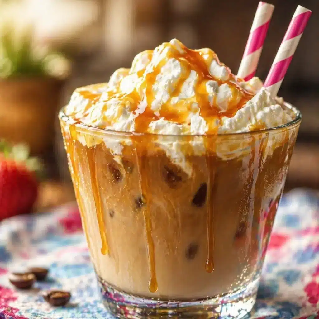 Copycat Starbucks Caramel Macchiato Mocktail served in a clear glass with caramel drizzle.