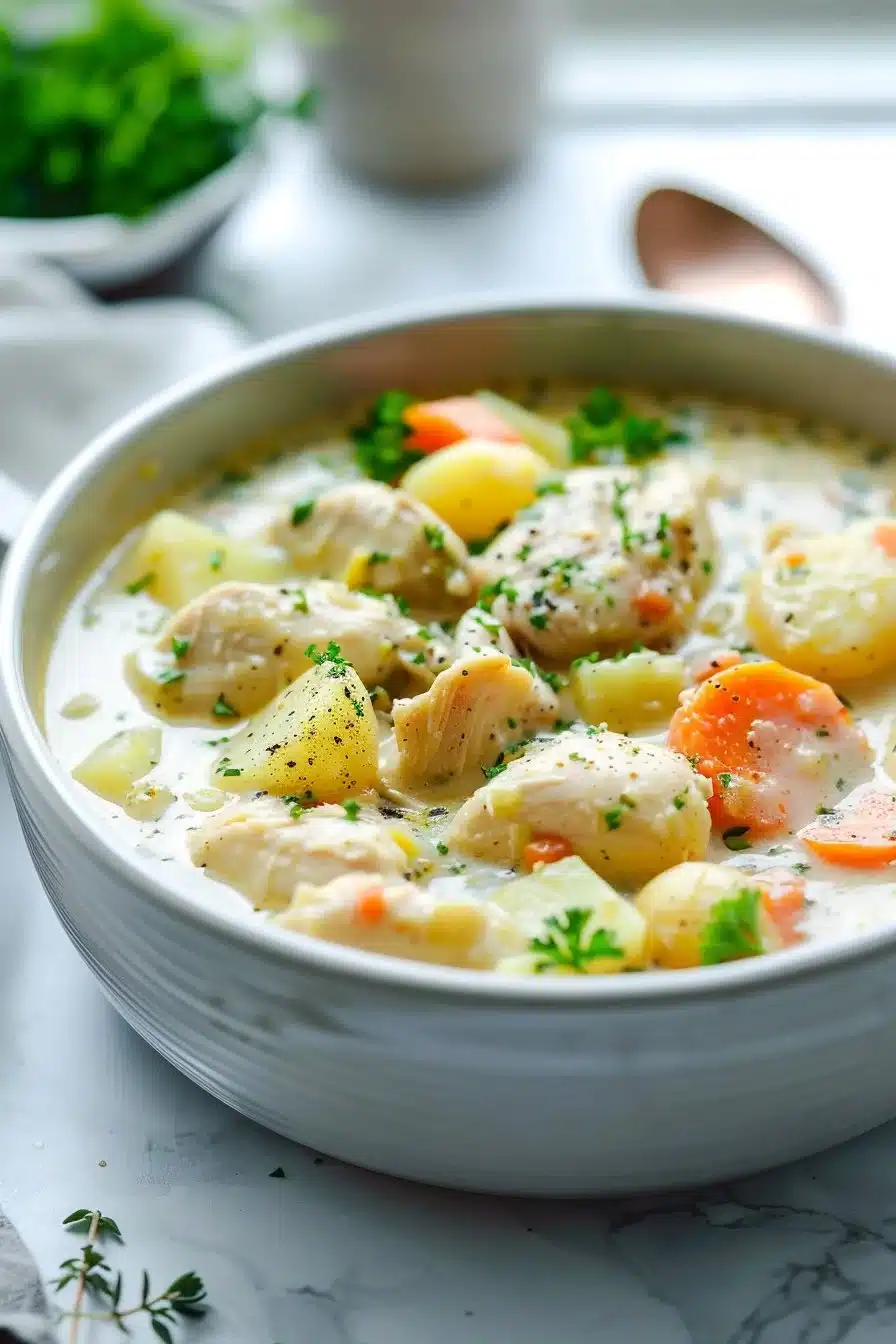 Bowl of Country Style Creamy Chicken Stew with vegetables and herbs