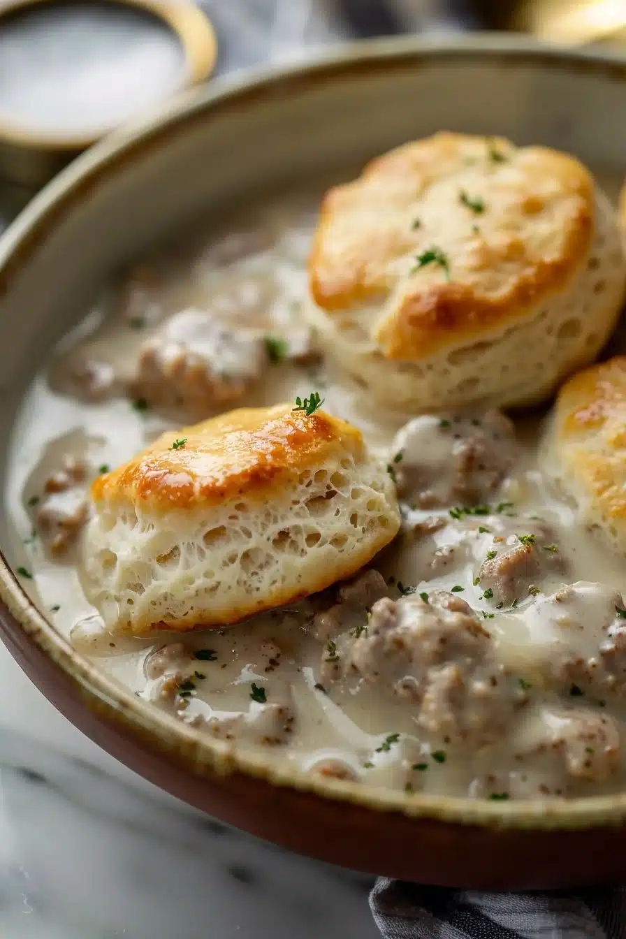 Creamy country style turkey sausage gravy served with biscuits