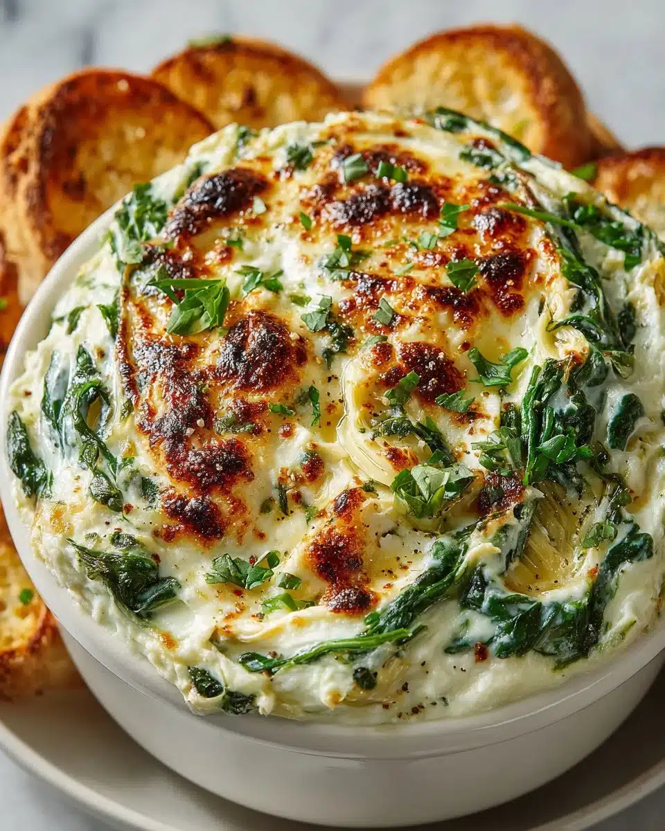 Delicious creamy artichoke spinach dip served in a bowl with chips