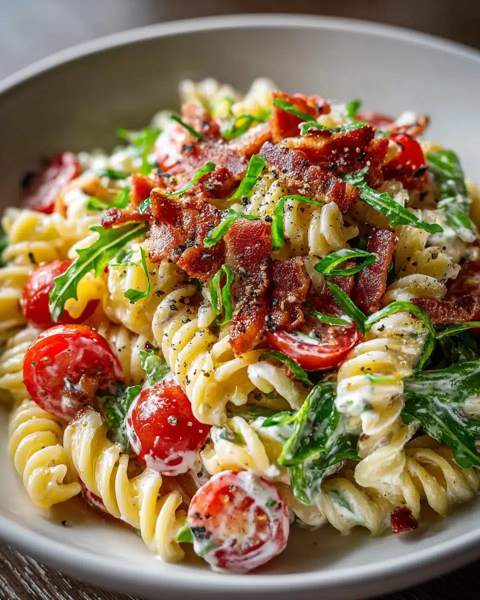 Creamy Bacon Lettuce Tomato Pasta Salad in a bowl with fresh ingredients