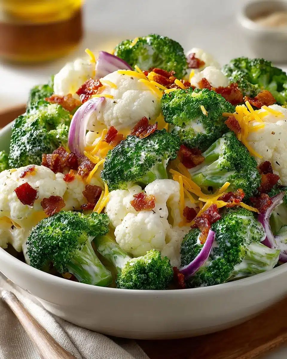 Creamy broccoli and cauliflower salad with colorful vegetables