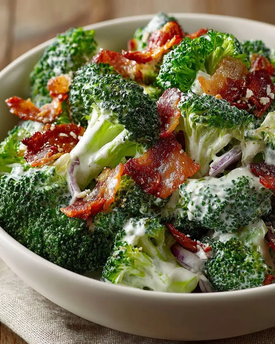 Creamy broccoli salad with turkey bacon in a bowl.