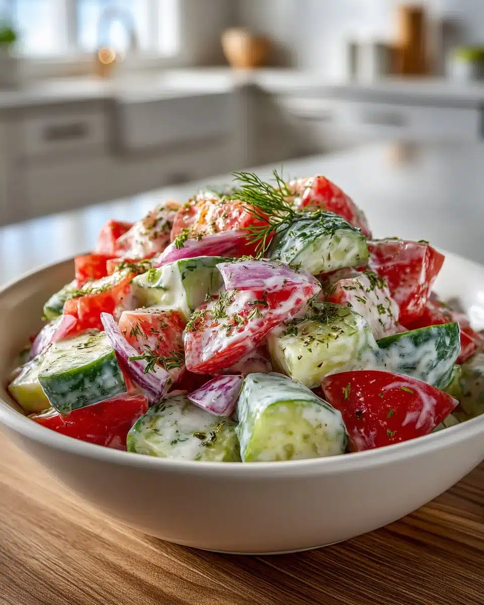 Creamy cucumber and tomato salad in a bowl, garnished with herbs