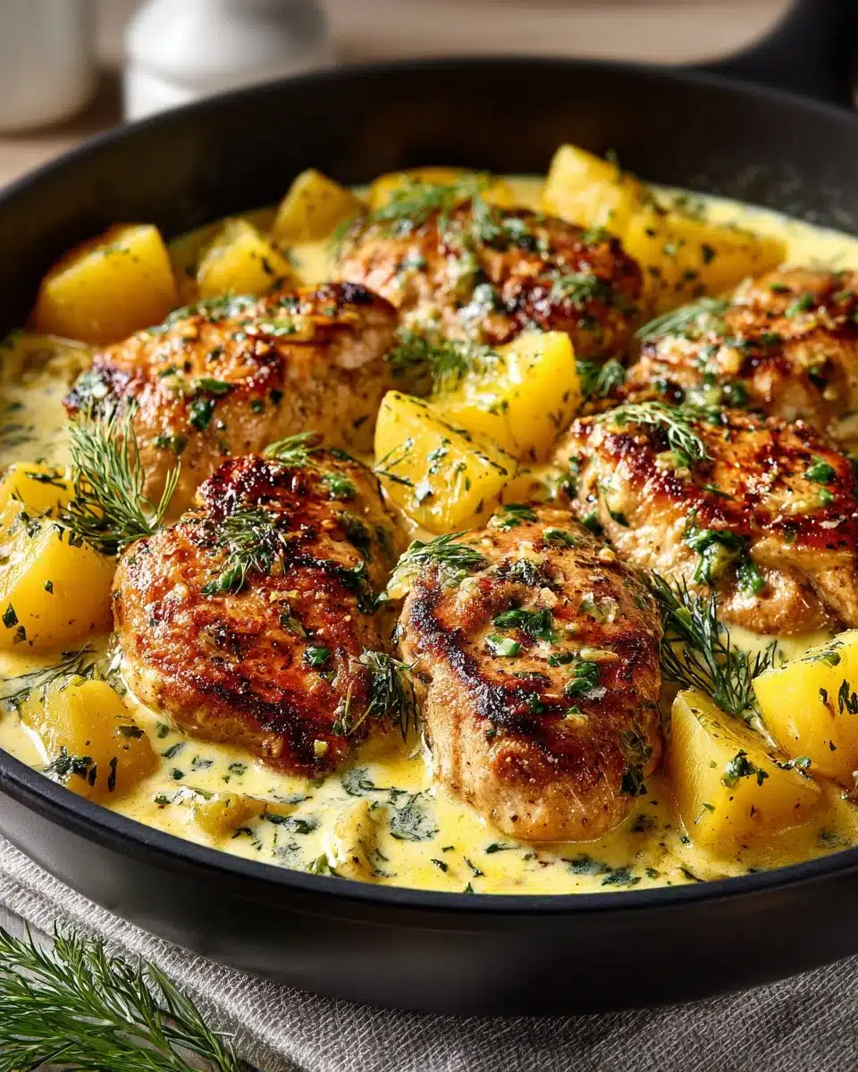 Creamy dill chicken and potato skillet dish ready to serve.