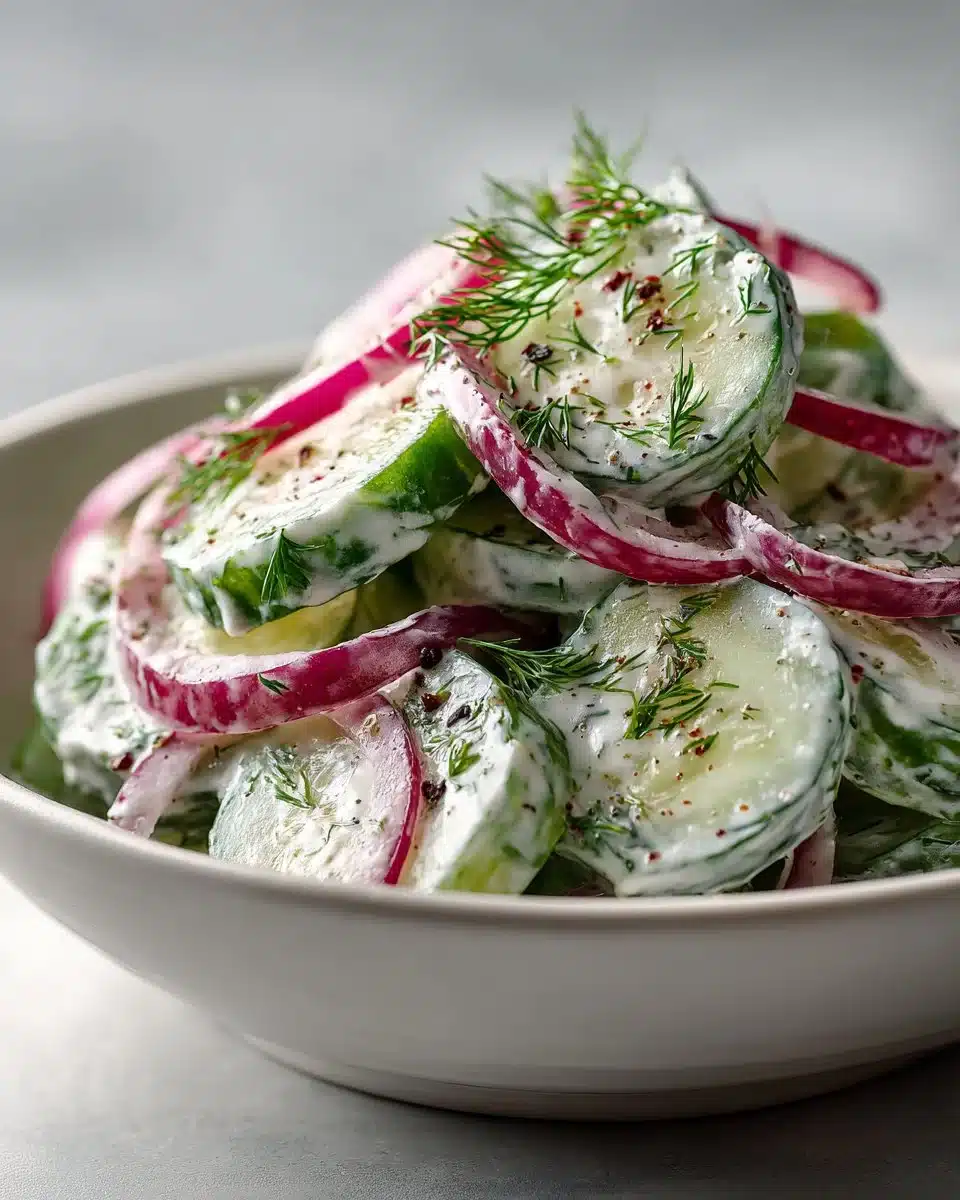 Creamy dill cucumber salad with red onions served in a bowl