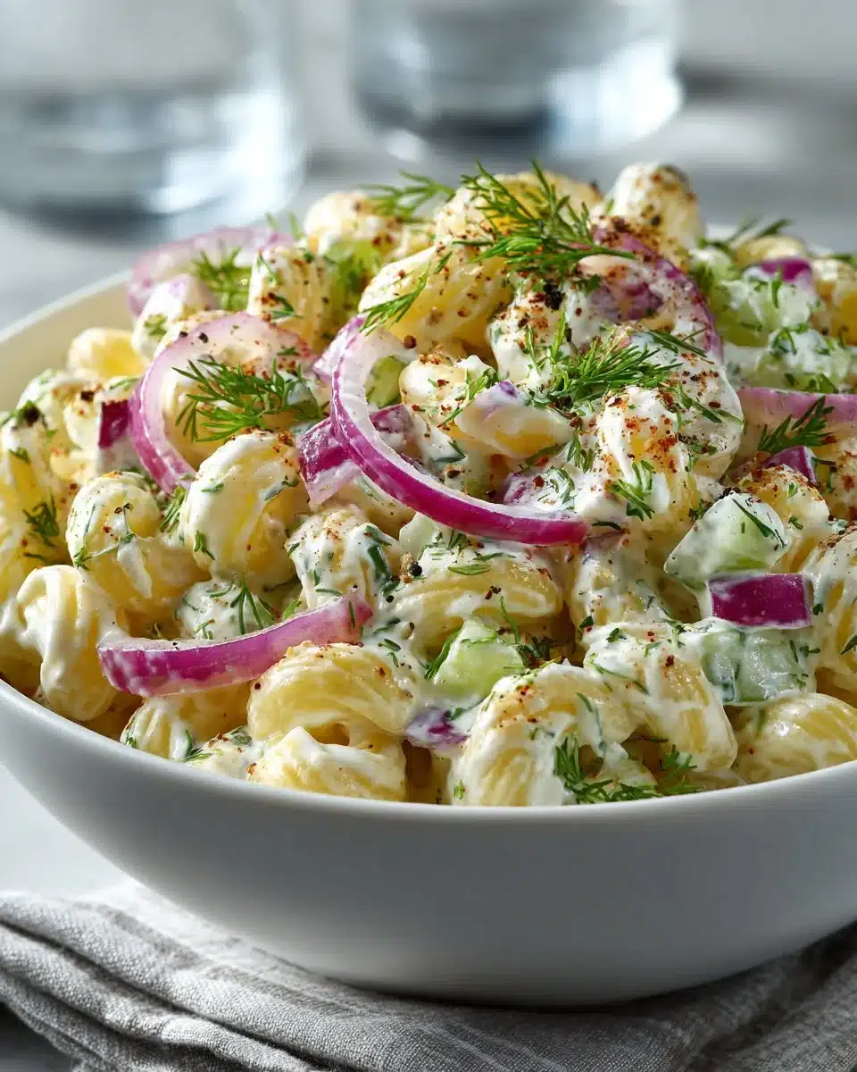 Creamy Dill Macaroni Salad served in a bowl with fresh herbs and vegetables.