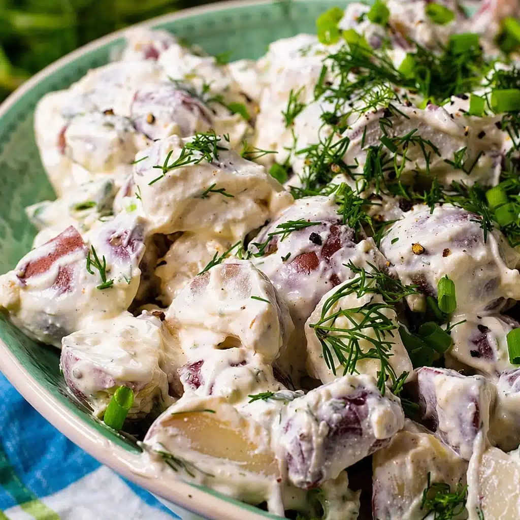 Creamy Dill Potato Salad with fresh herbs ready for a summer picnic