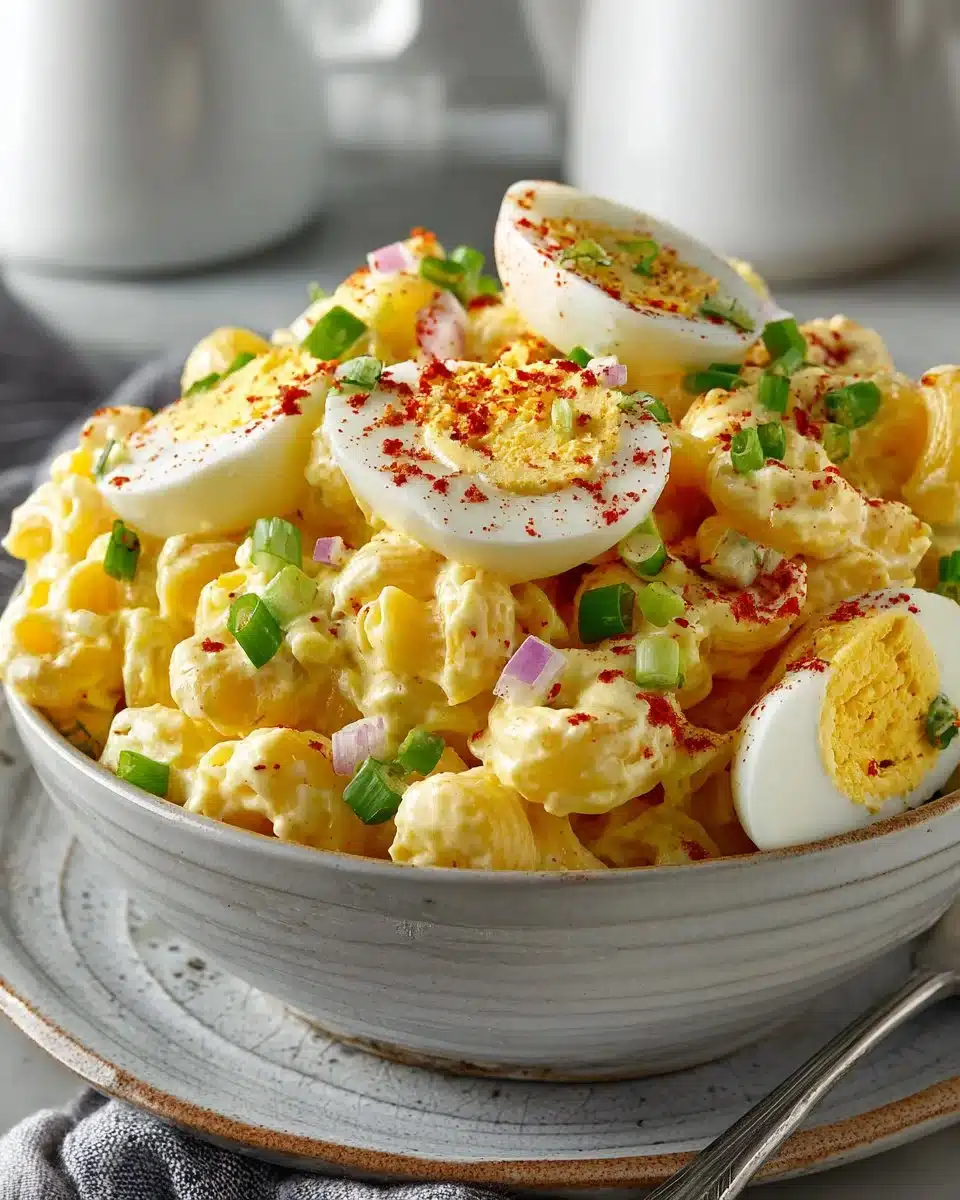 Creamy macaroni and egg salad in a bowl, garnished with herbs.