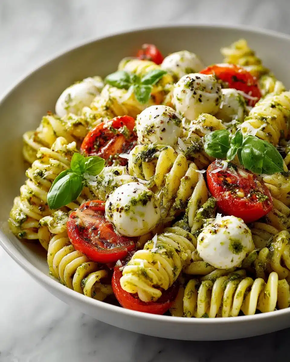 Creamy pesto pasta salad with mozzarella pearls in a serving bowl