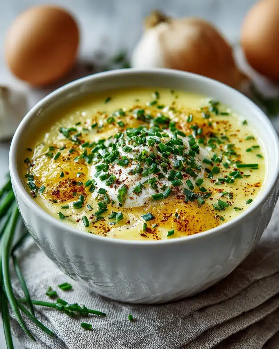 Bowl of creamy potato soup topped with fresh chives