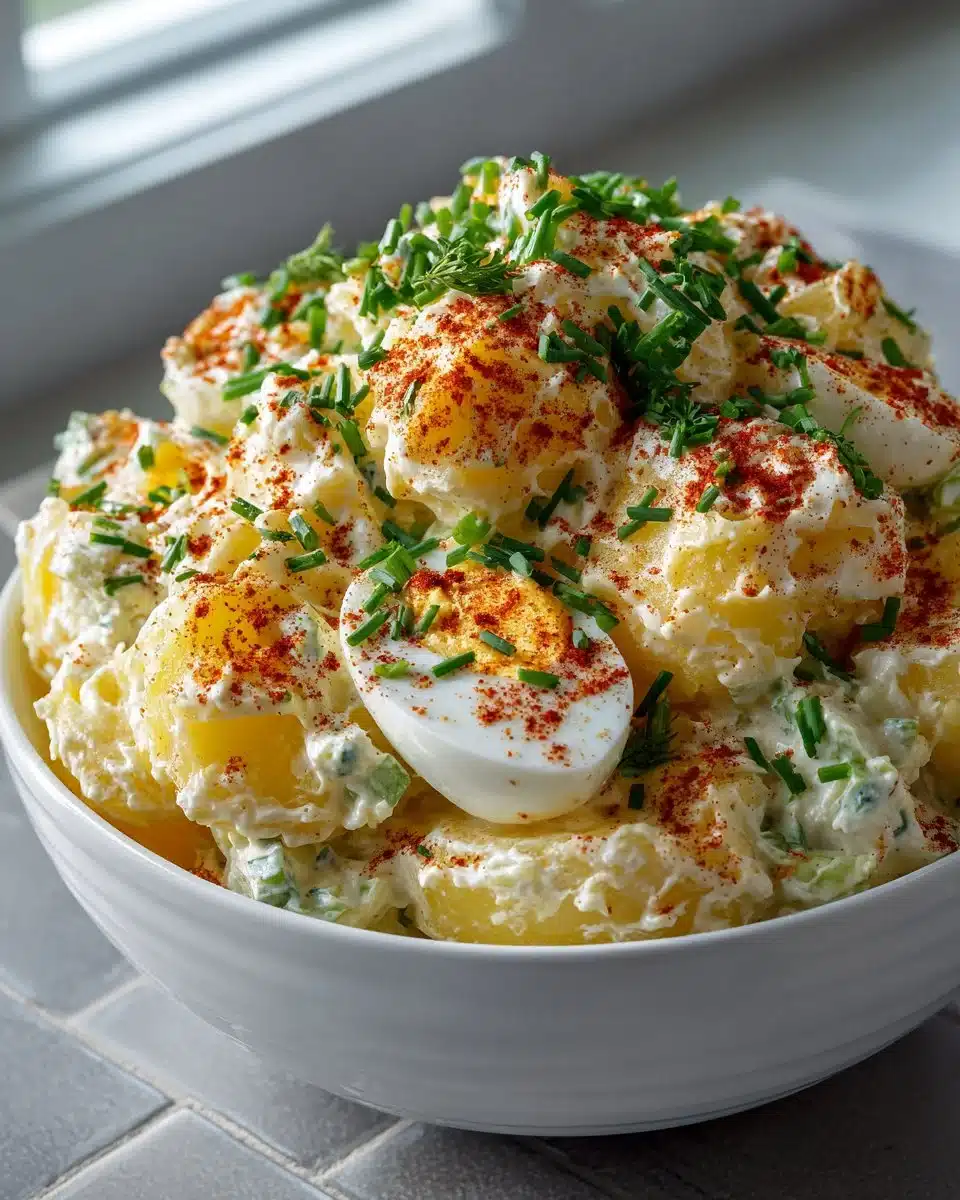 Creamy Southern style potato salad with herbs and vegetables in a bowl