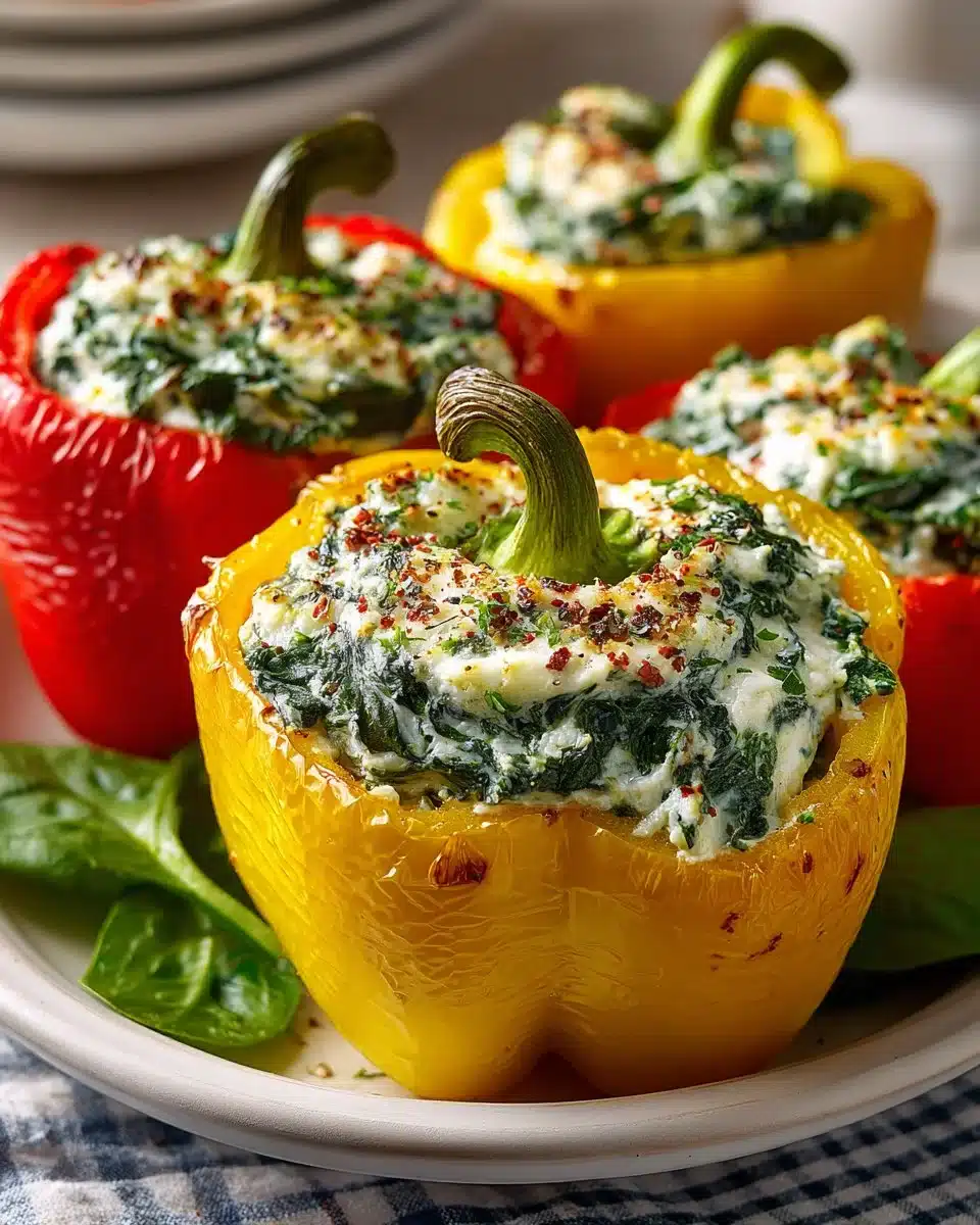 Creamy spinach and ricotta stuffed peppers plated for a healthy meal option.