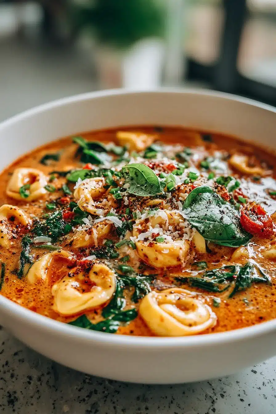 Creamy tomato tortellini soup with spinach in a bowl