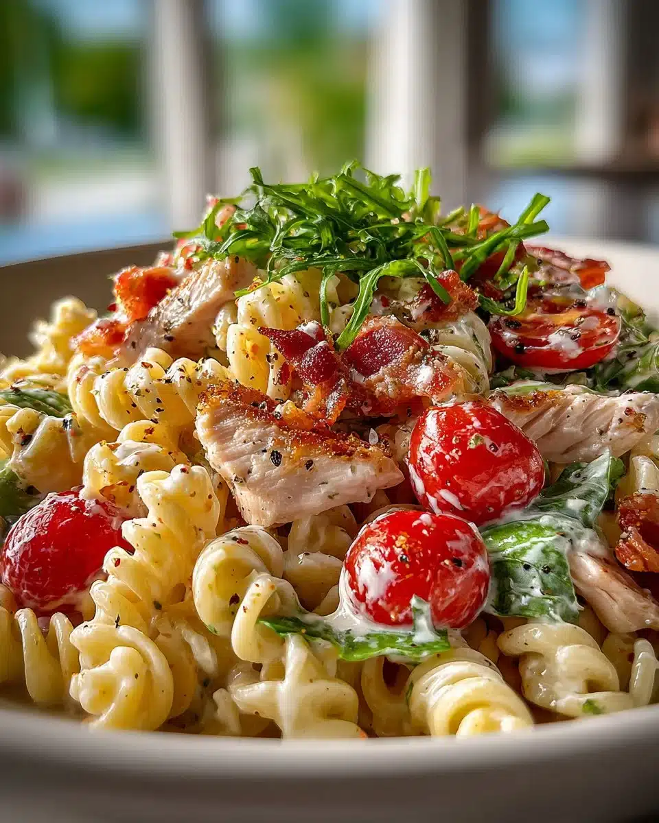 Creamy Turkey BLT Pasta Salad with fresh ingredients on a plate