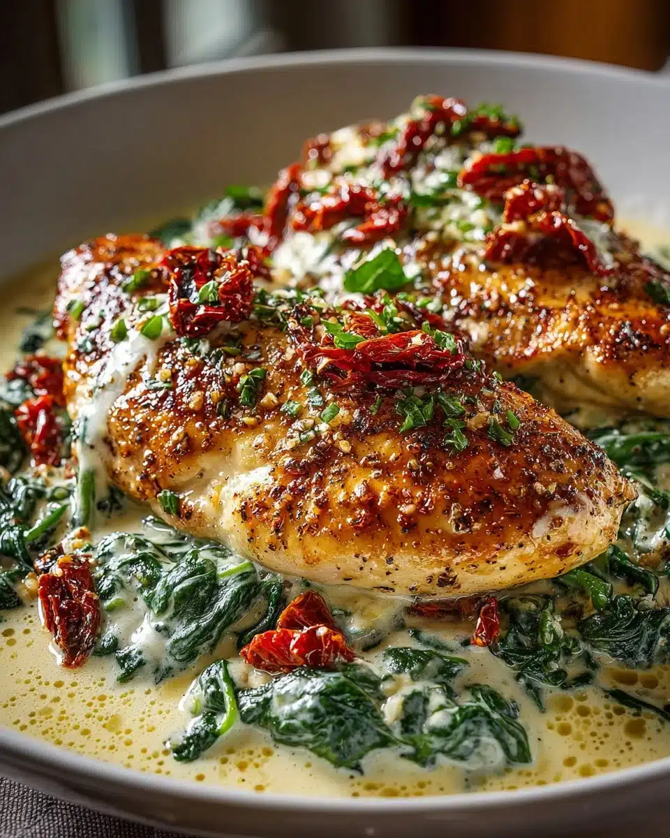 Creamy Tuscan chicken skillet with spinach in a frying pan