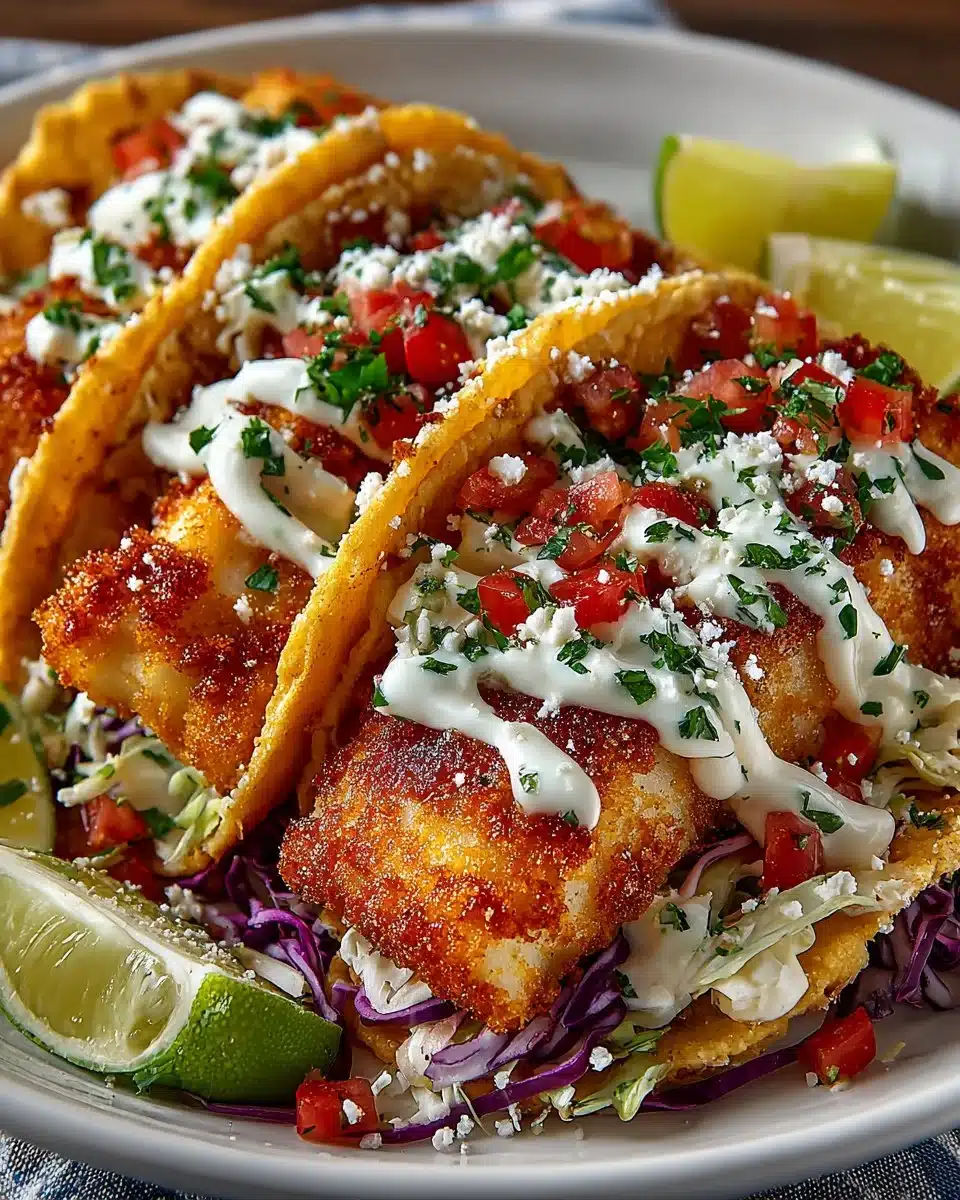 Crispy Baja Halibut Tacos served with fresh toppings and lime wedges