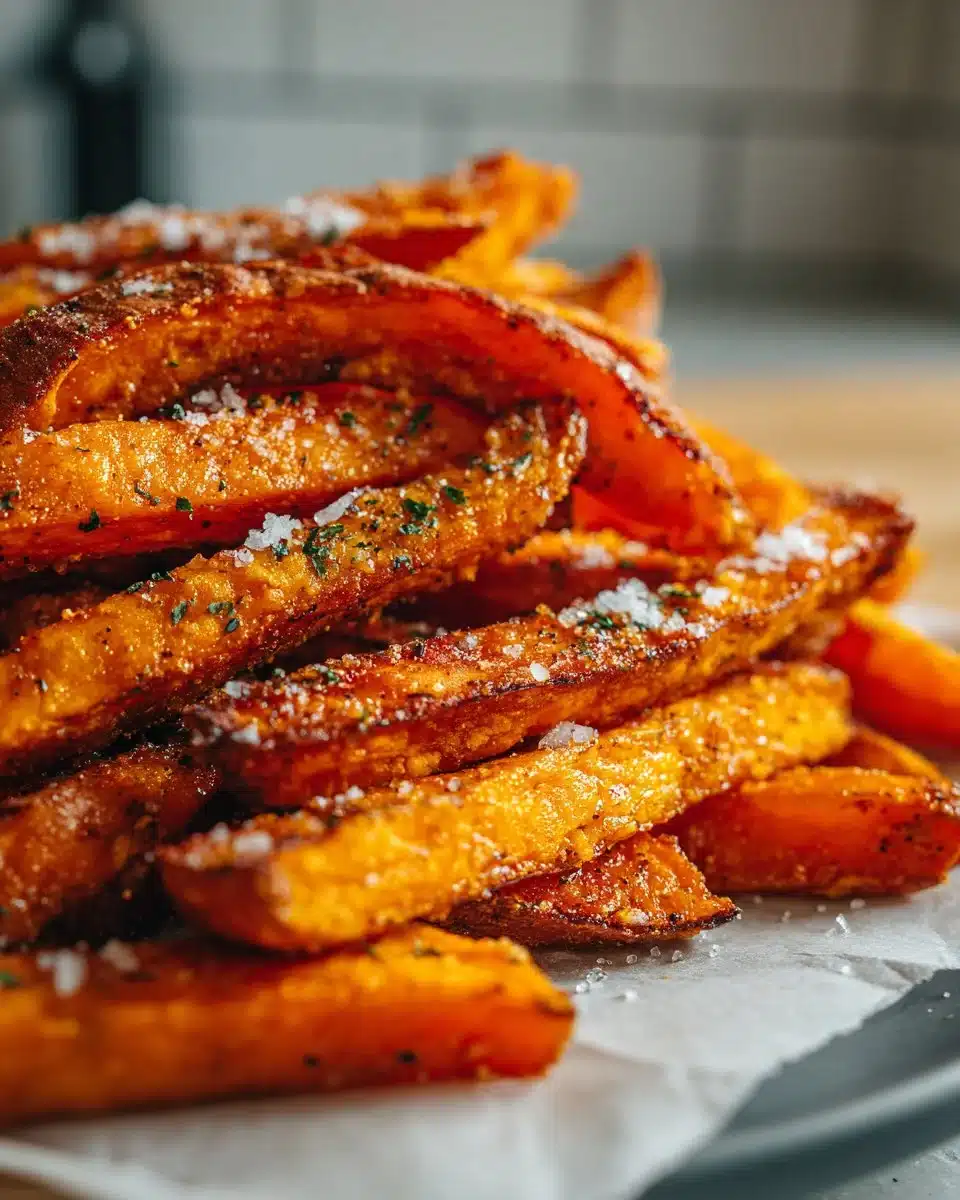 Crispy baked sweet potato fries on a plate, garnished with herbs.