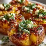 Crispy smashed potatoes topped with harissa feta cheese