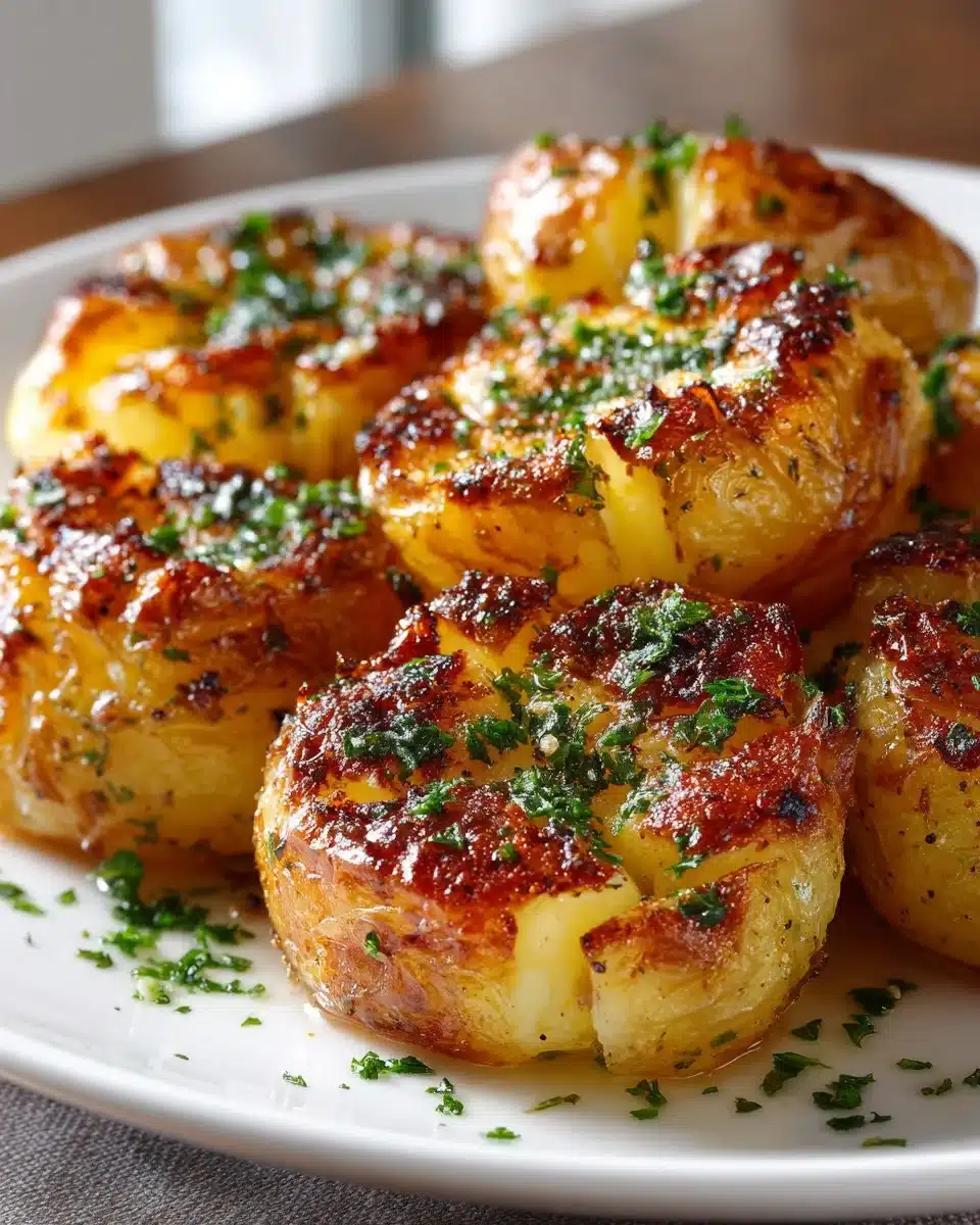 Crispy smashed red potatoes with garlic on a plate, garnished with herbs