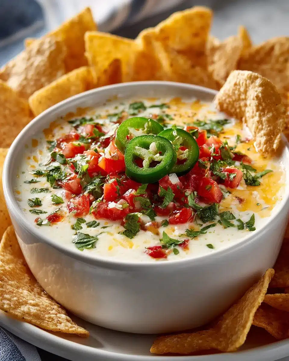 Delicious homemade white queso dip served with tortilla chips.