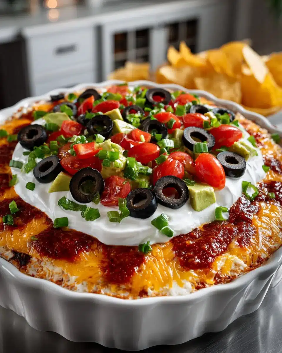 Delicious seven layer taco dip served in a bowl, perfect for parties