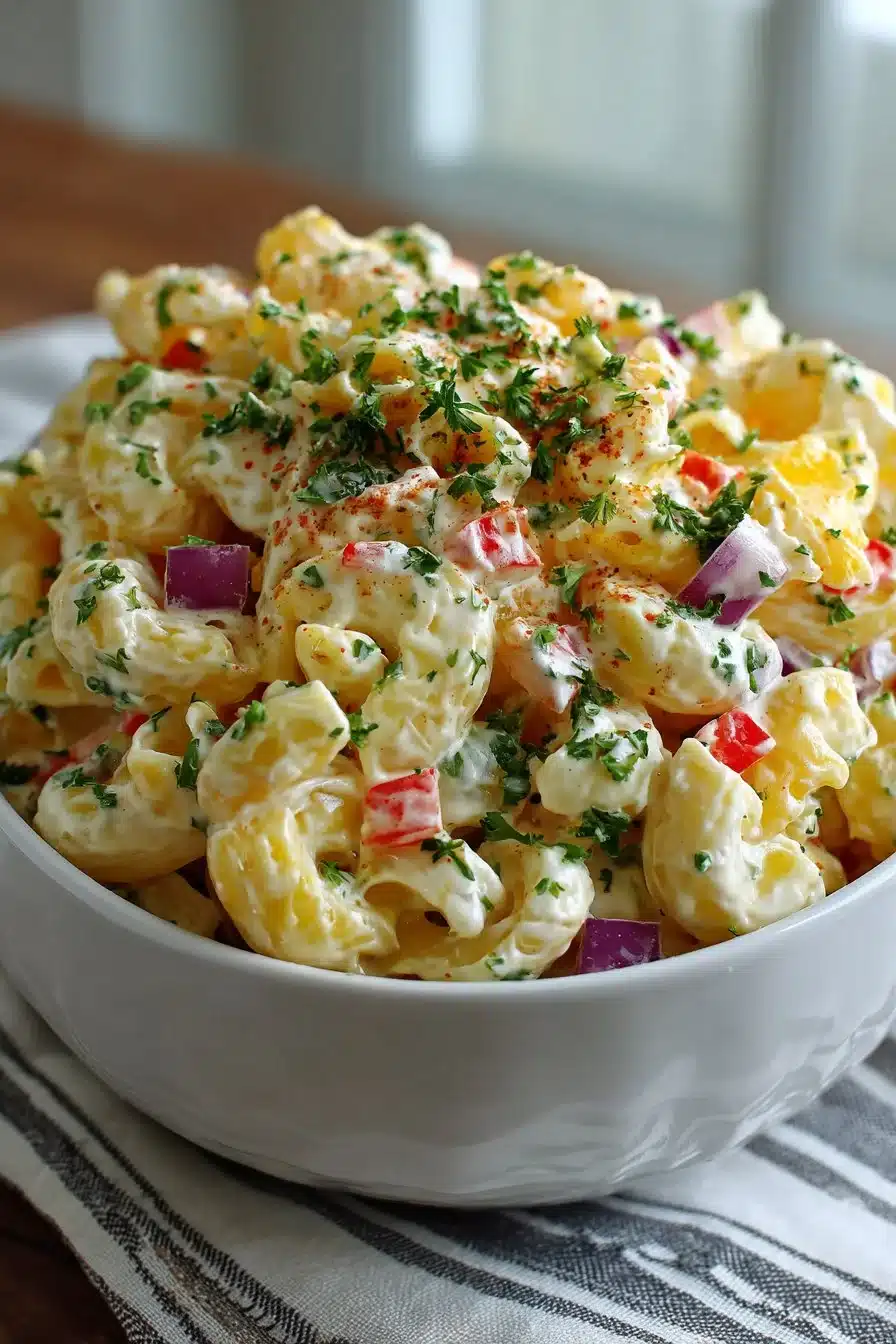 Bowl of classic macaroni salad with colorful vegetables, perfect for summer picnics