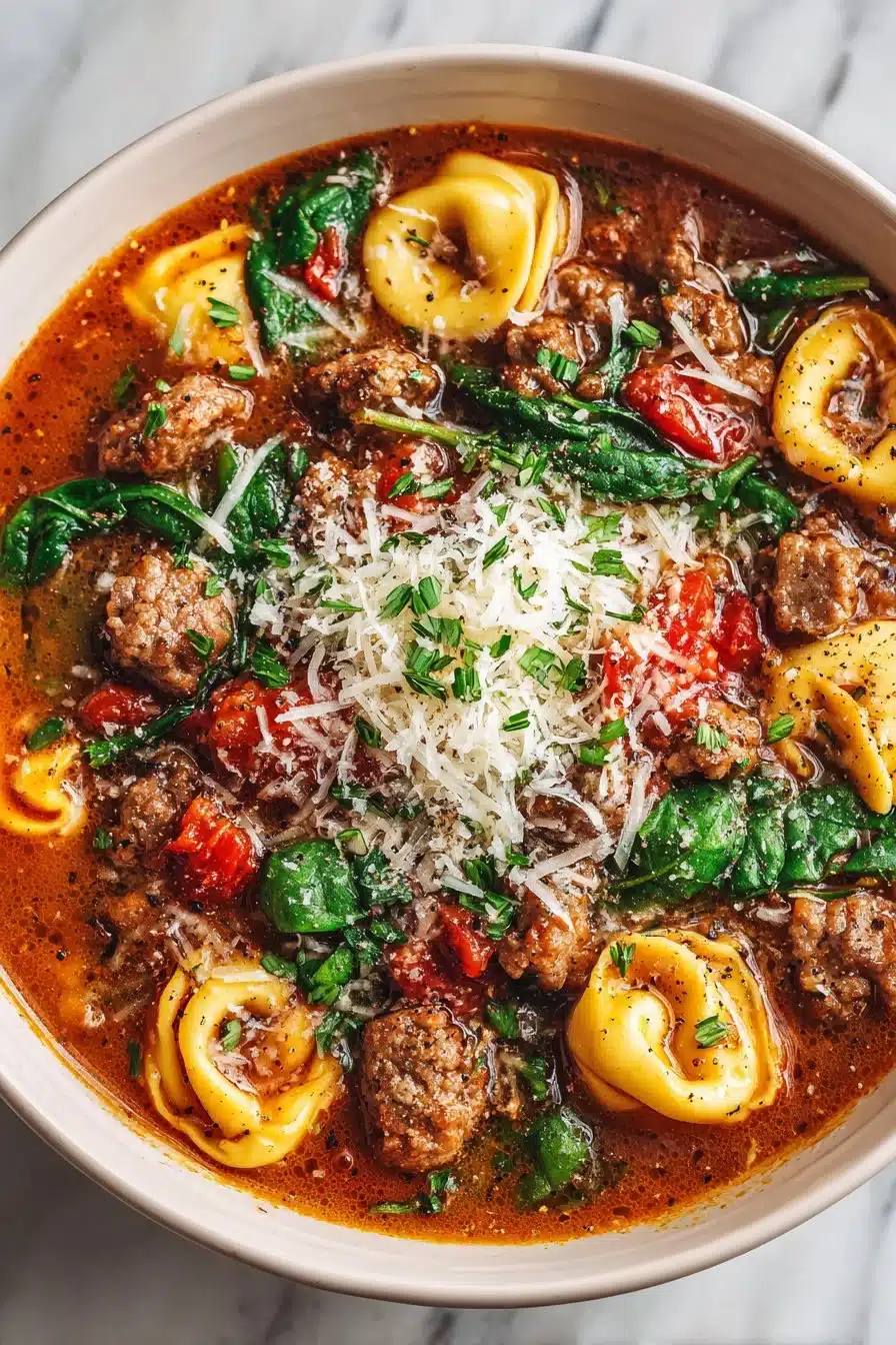 Bowl of easy comforting sausage and tortellini soup garnished with herbs.