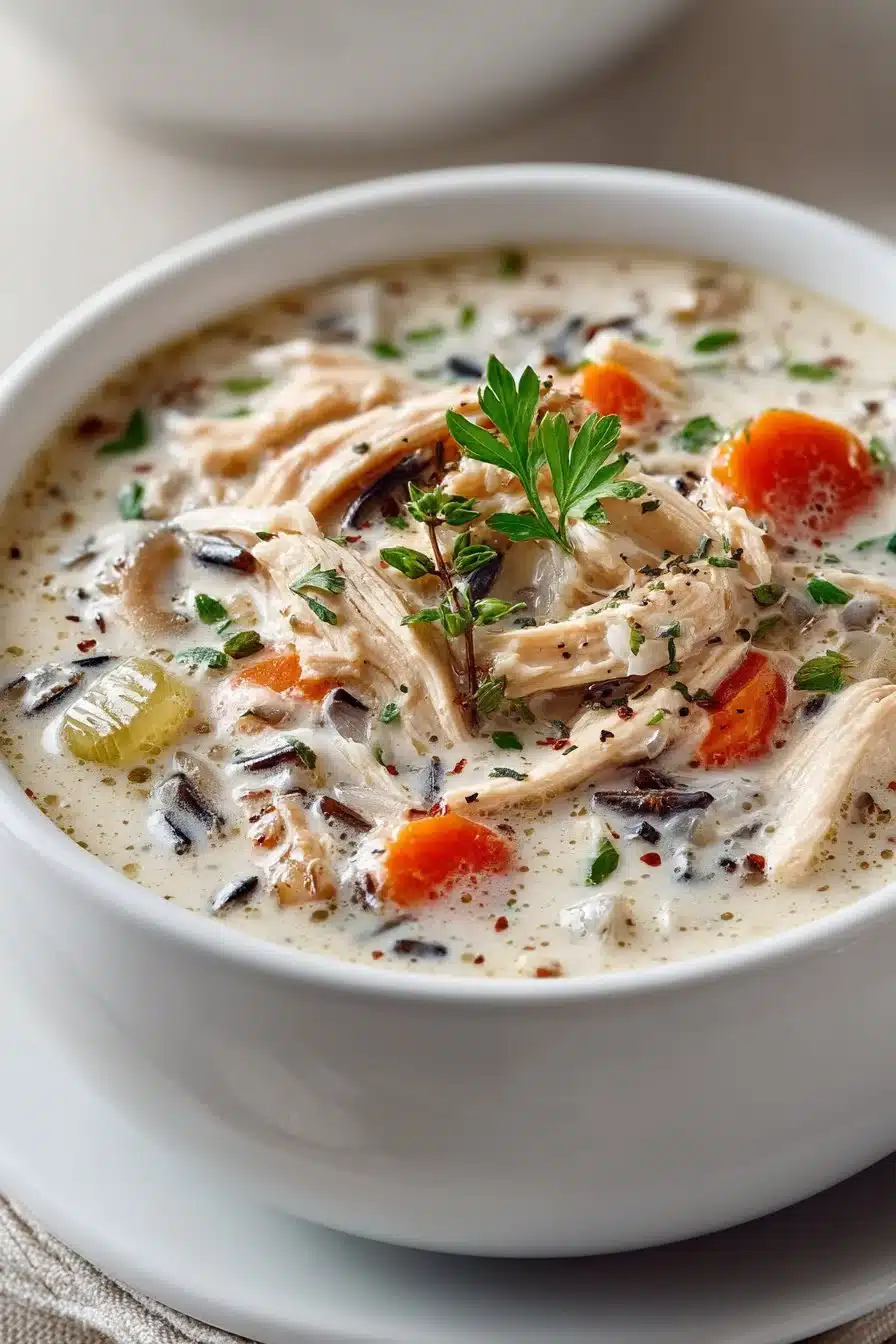Bowl of easy creamy chicken soup with wild rice in a crockpot