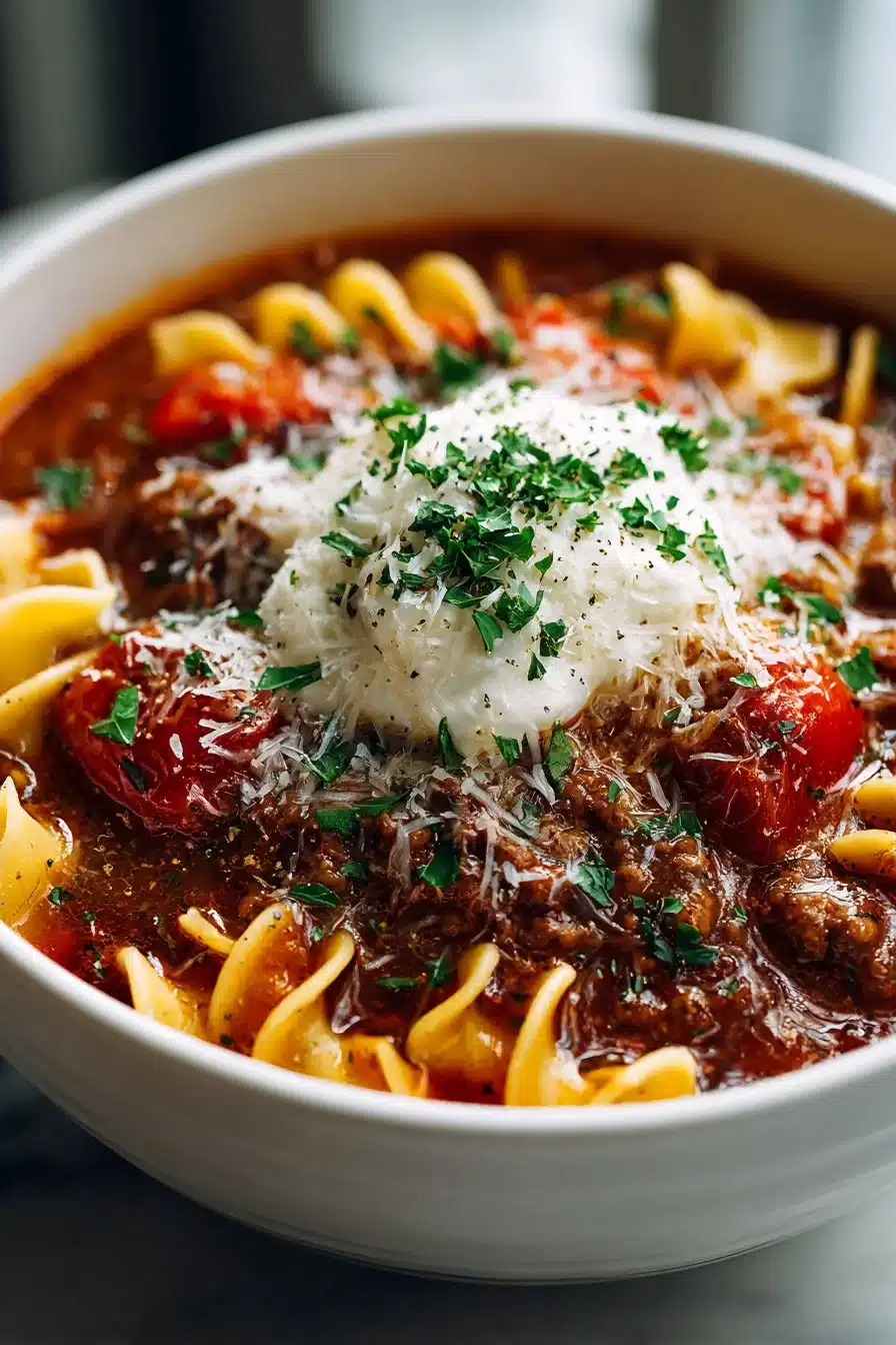 Bowl of Easy Crockpot Meat Lasagna Soup with cheese and herbs