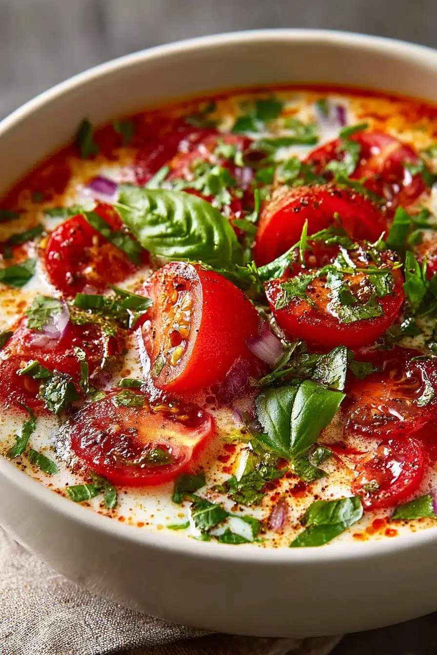 Delicious bowl of easy fresh tomato basil summer soup with herbs and vegetables.