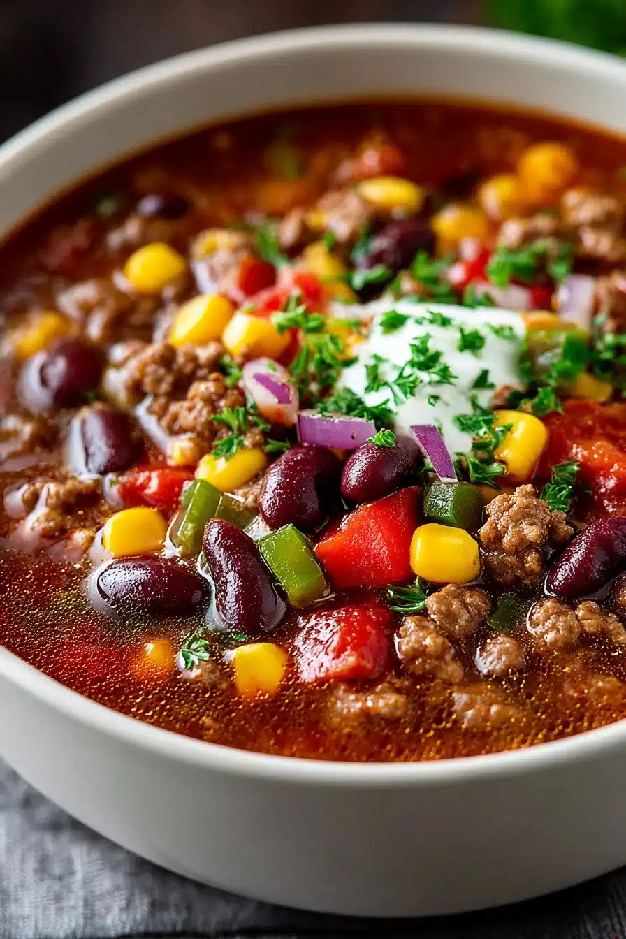 Bowl of easy hearty Crockpot Taco Soup with toppings
