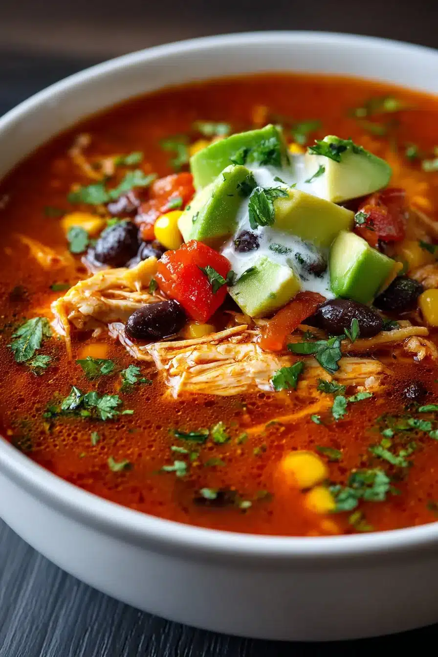 Bowl of easy homemade chicken tortilla soup garnished with tortilla strips and avocado.