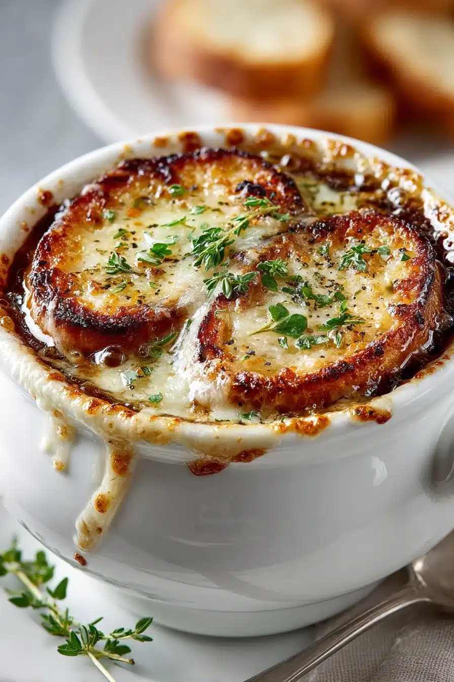 Bowl of easy homemade French onion soup garnished with cheese and herbs