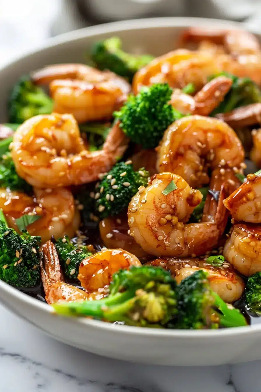 Honey garlic shrimp and broccoli skillet served in a pan.