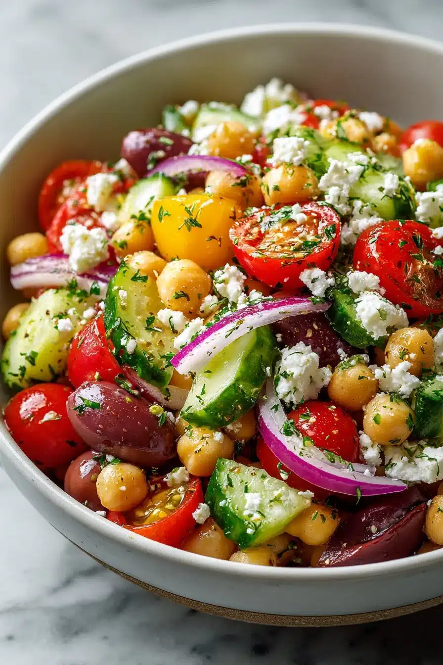 Delicious Mediterranean diet chickpea salad with fresh vegetables and herbs
